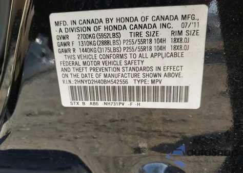 2011 Acura Mdx Technology Package from USA, damaged, VIN 2HNYD2H40BH542556